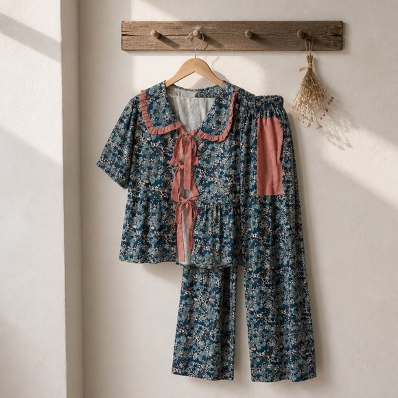 Sunday Up Pants - Sunday Up Womens Floral Set Blue floral w Stripe Ruffle Peter Pan Collar Large